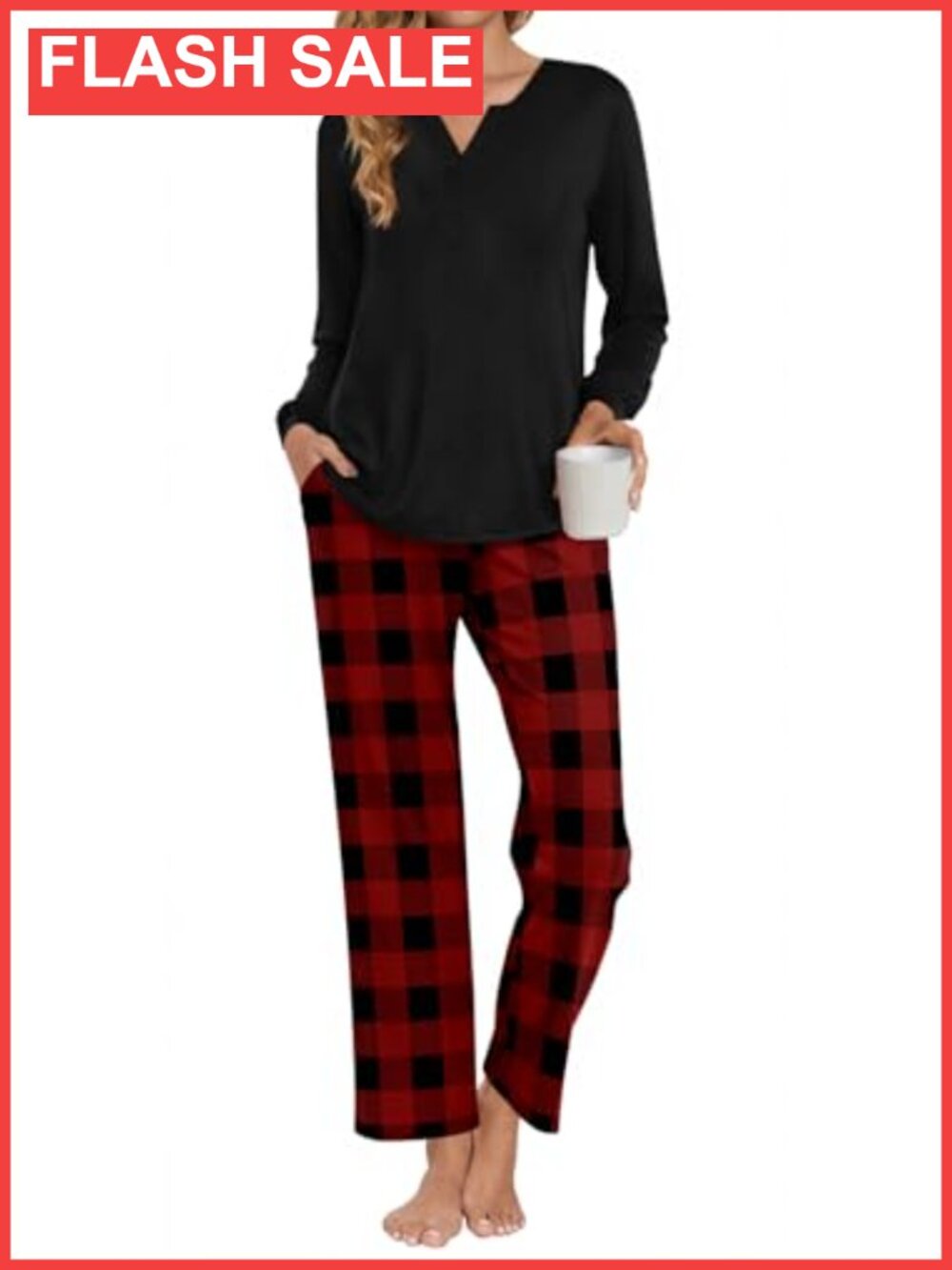 Womens 2 Piece Pajama Set Long Sleeve V-Neck Top Pants Pockets Sleepwear
